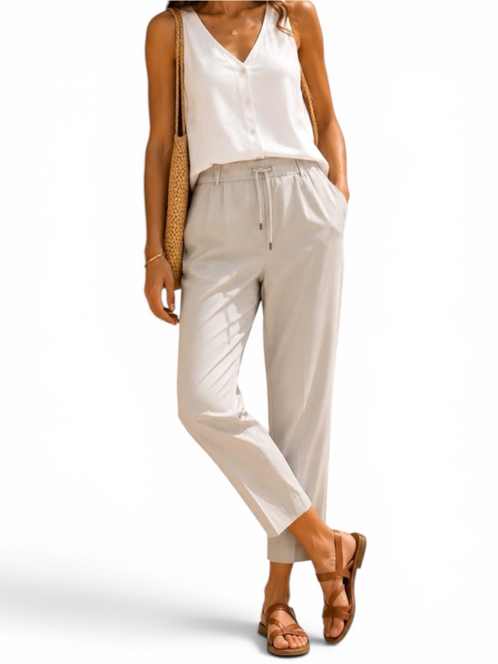 ATM Anthony Thomas Melillo High Rise Drawstring Stone Tan Crop Pant